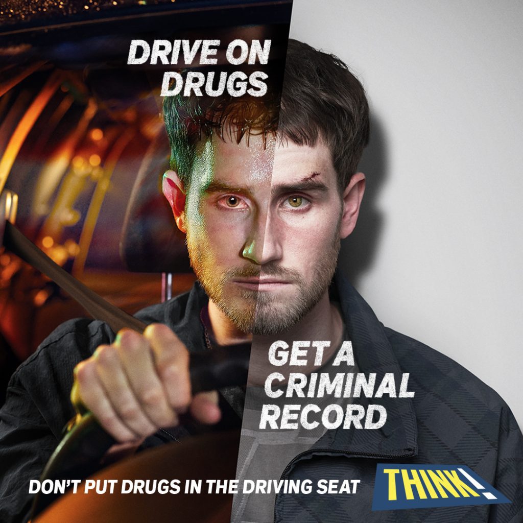 The DfT's Summer Drug Drive campaign poster features a young driver with the phrase 'Drive on Drugs, Get a Criminal Record'
