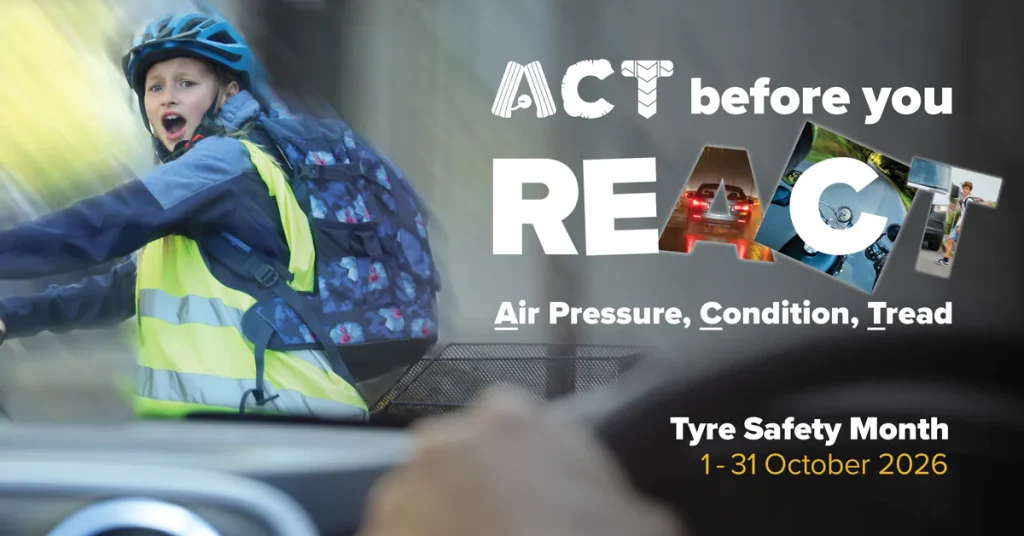 TyreSade ACT before you REACT campaign banner, it features a child riding a bike viewed through the front windscreen of a car
